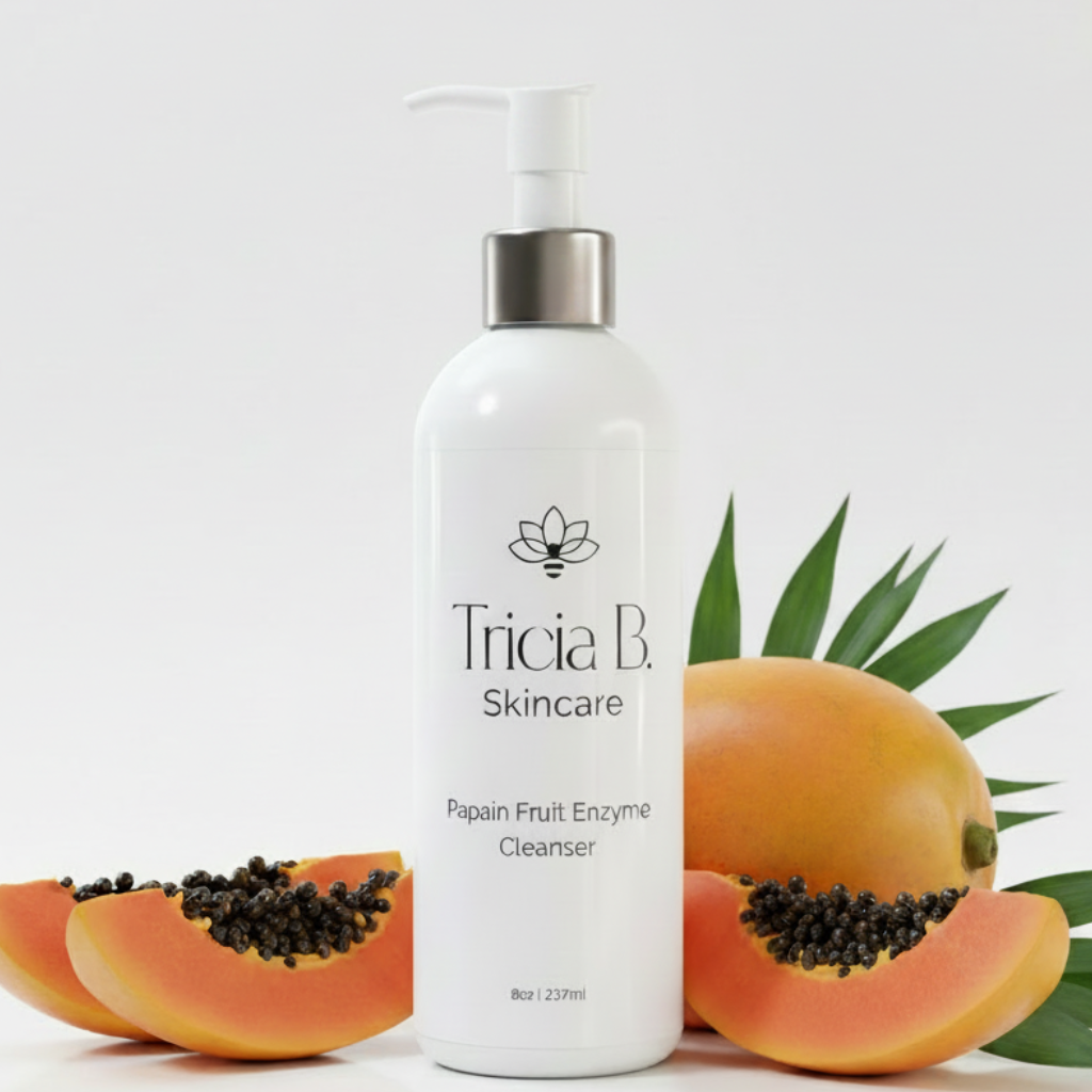 A white pump bottle of Tricia B. Skincare Papain Fruit Enzyme Cleanser, shown on a clean white background with a soft shadow.