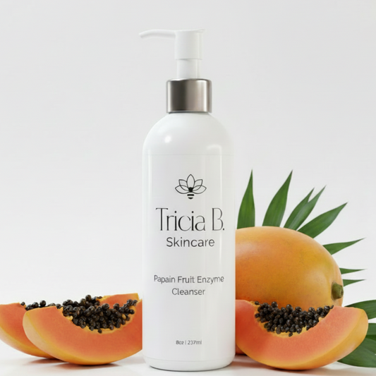 A white pump bottle of Tricia B. Skincare Papain Fruit Enzyme Cleanser, shown on a clean white background with a soft shadow.